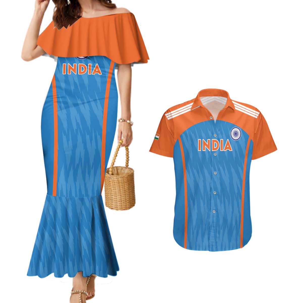 Custom India Cricket Couples Matching Mermaid Dress and Hawaiian Shirt Go Men in Blue - Wonder Print Shop