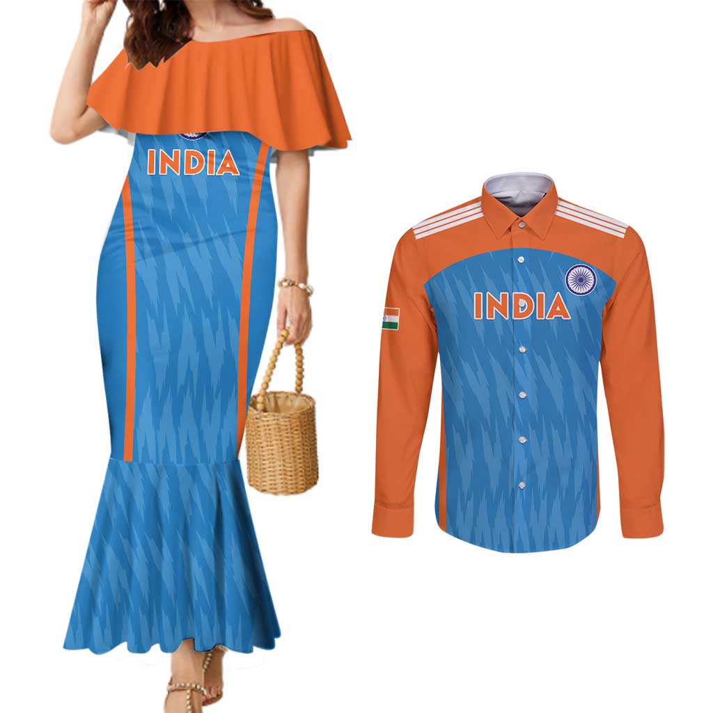 Custom India Cricket Couples Matching Mermaid Dress and Long Sleeve Button Shirt Go Men in Blue