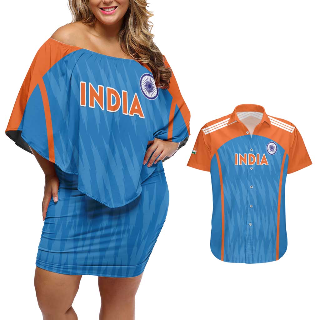 Custom India Cricket Couples Matching Off Shoulder Short Dress and Hawaiian Shirt Go Men in Blue - Wonder Print Shop