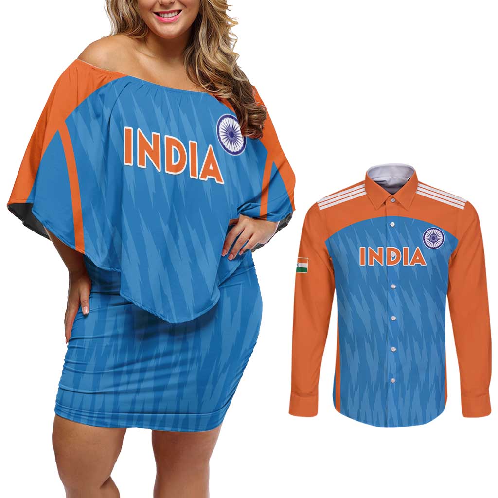 Custom India Cricket Couples Matching Off Shoulder Short Dress and Long Sleeve Button Shirt Go Men in Blue - Wonder Print Shop