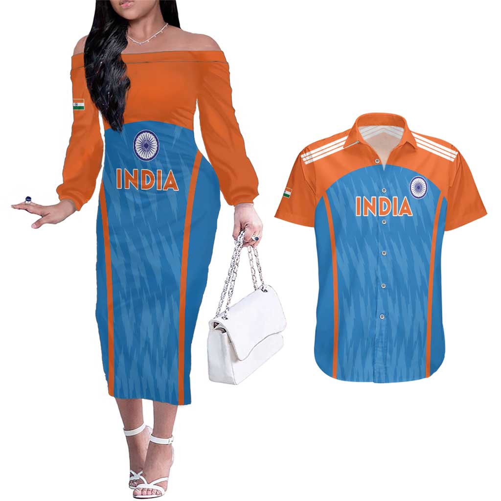 Custom India Cricket Couples Matching Off The Shoulder Long Sleeve Dress and Hawaiian Shirt Go Men in Blue - Wonder Print Shop