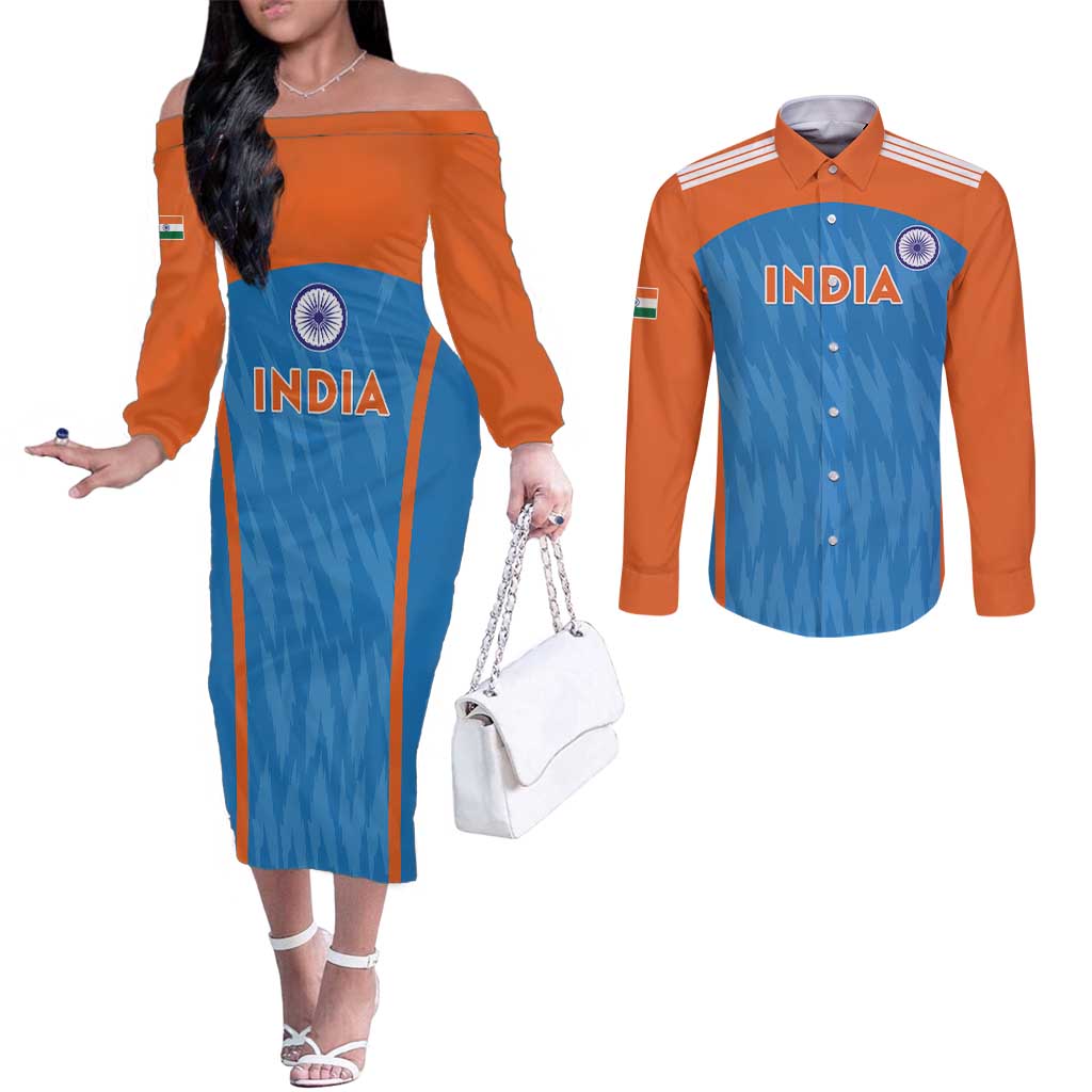 Custom India Cricket Couples Matching Off The Shoulder Long Sleeve Dress and Long Sleeve Button Shirt Go Men in Blue