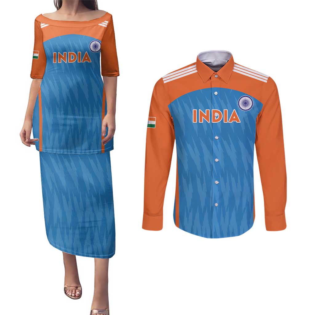 Custom India Cricket Couples Matching Puletasi and Long Sleeve Button Shirt Go Men in Blue - Wonder Print Shop