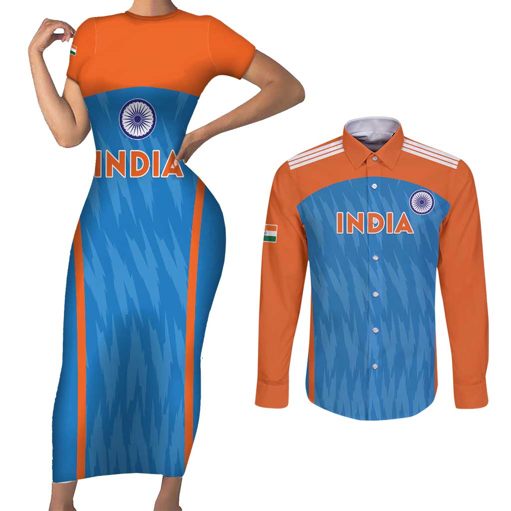 Custom India Cricket Couples Matching Short Sleeve Bodycon Dress and Long Sleeve Button Shirt Go Men in Blue - Wonder Print Shop