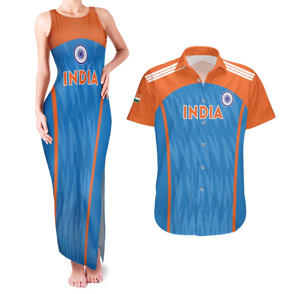 Custom India Cricket Couples Matching Tank Maxi Dress and Hawaiian Shirt Go Men in Blue - Wonder Print Shop