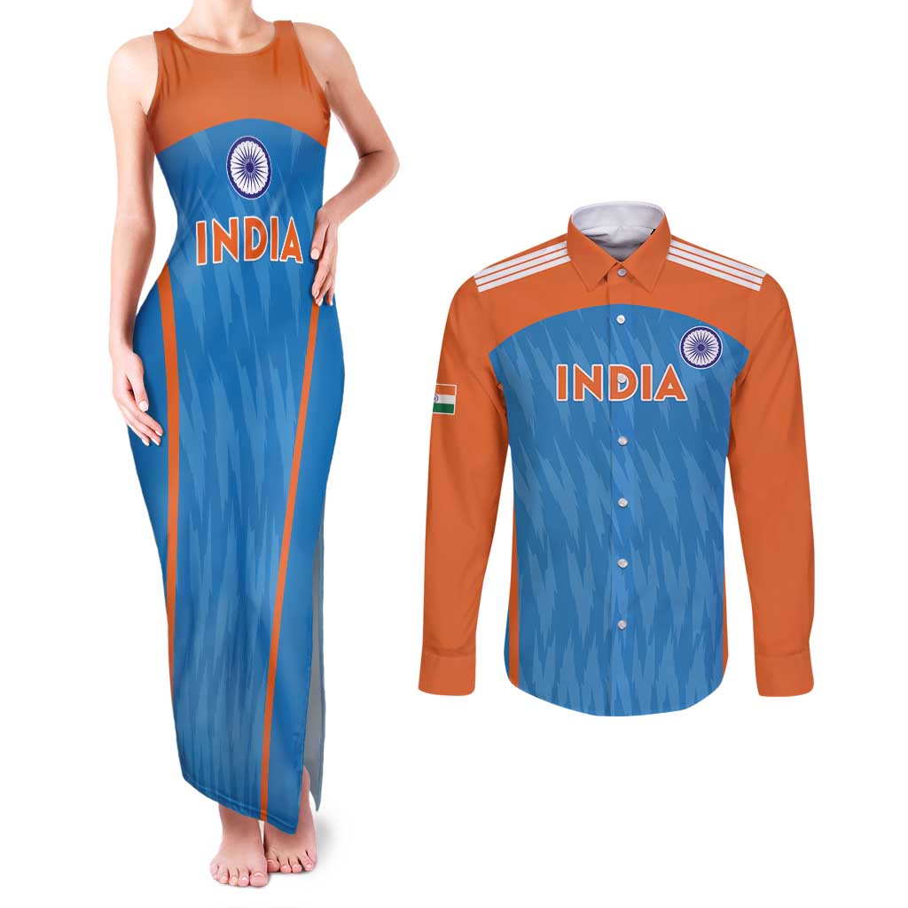 Custom India Cricket Couples Matching Tank Maxi Dress and Long Sleeve Button Shirt Go Men in Blue - Wonder Print Shop