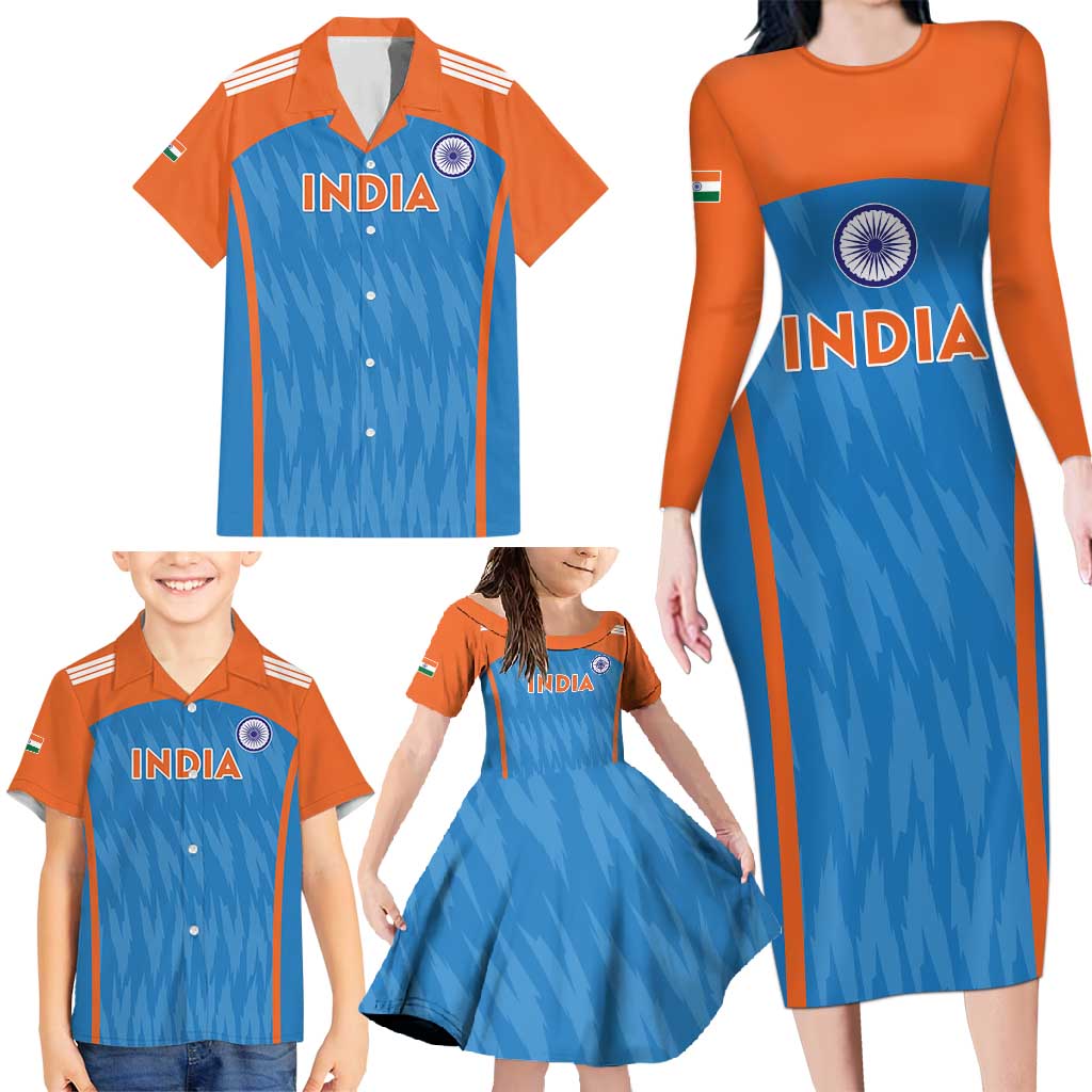 Custom India Cricket Family Matching Long Sleeve Bodycon Dress and Hawaiian Shirt Go Men in Blue - Wonder Print Shop