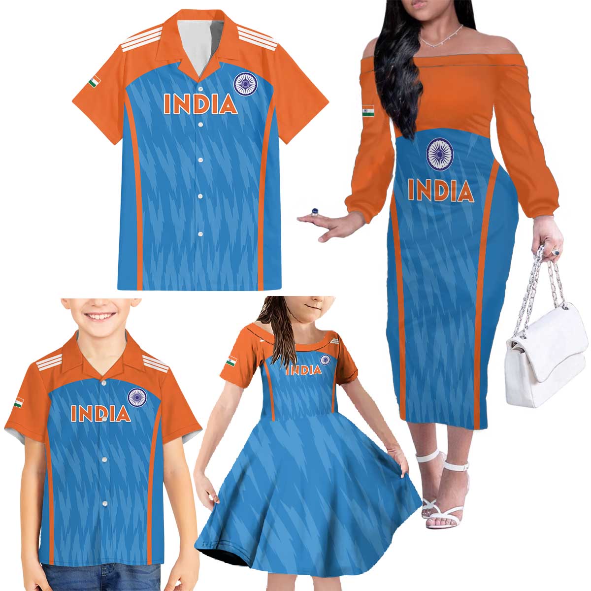 Custom India Cricket Family Matching Off The Shoulder Long Sleeve Dress and Hawaiian Shirt Go Men in Blue - Wonder Print Shop