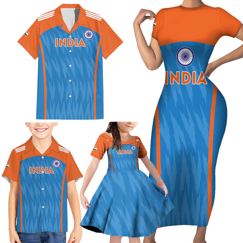 Custom India Cricket Family Matching Short Sleeve Bodycon Dress and Hawaiian Shirt Go Men in Blue - Wonder Print Shop