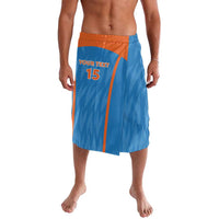 Men's blue cricket lavalava shorts with orange waistband, front graphic '15'