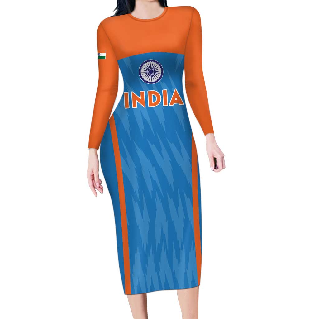 Custom India Cricket Long Sleeve Bodycon Dress Go Men in Blue - Wonder Print Shop