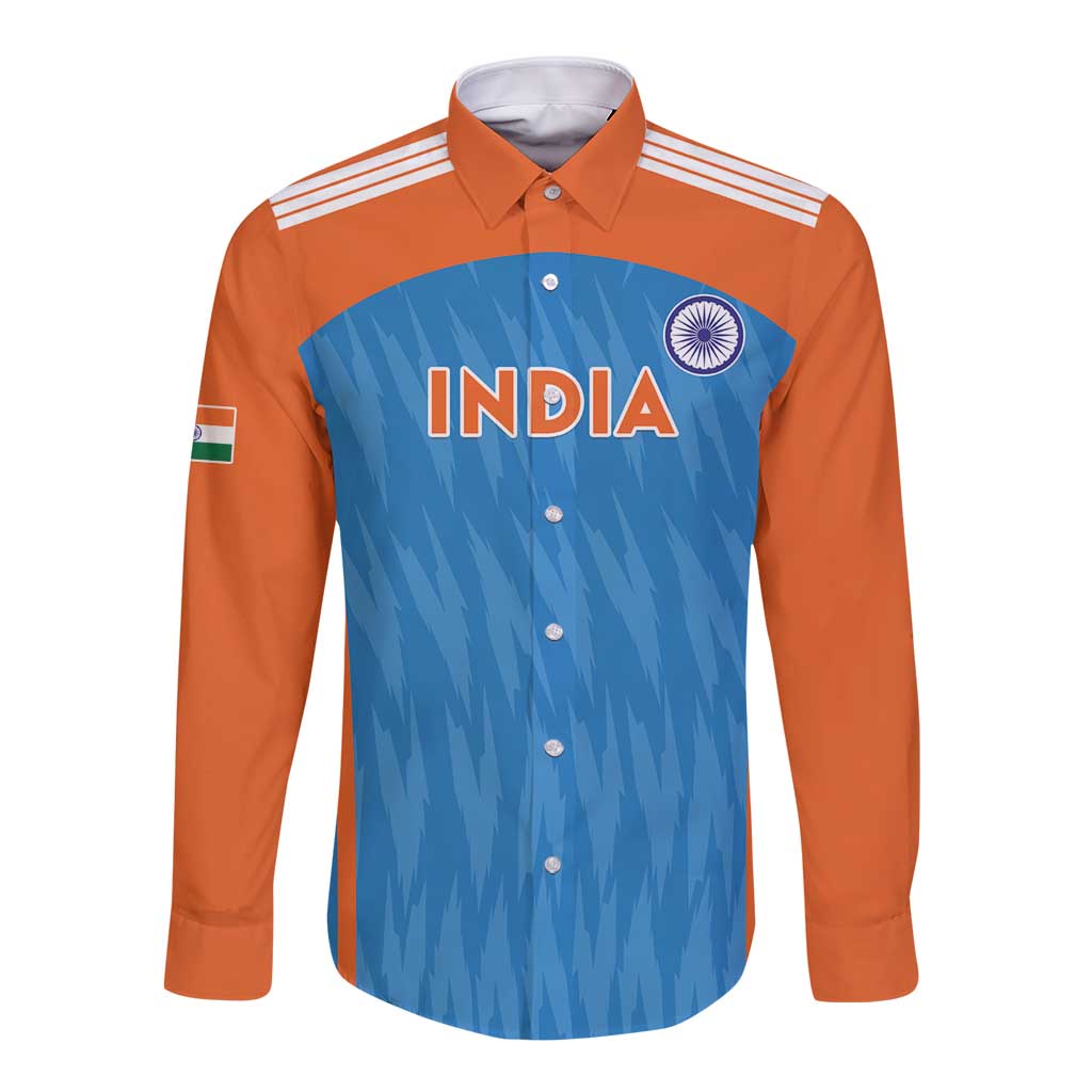 Long-sleeve button cricket shirt, blue center with India logo, orange sleeves, striped shoulders