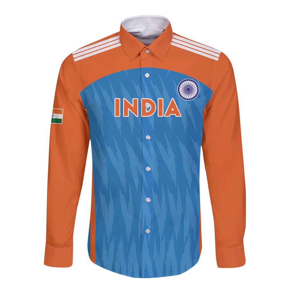 Custom India Cricket Long Sleeve Button Shirt Go Men in Blue - Wonder Print Shop