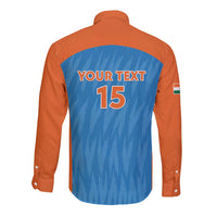 Long-sleeve button cricket shirt with YOUR TEXT and 15, blue center, orange sleeves