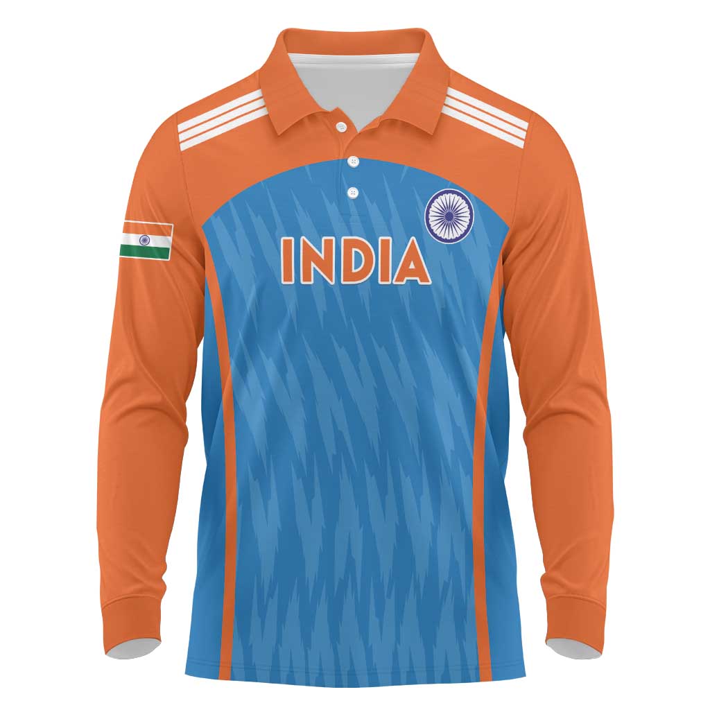 Custom India Cricket Long Sleeve Polo Shirt Go Men in Blue - Wonder Print Shop