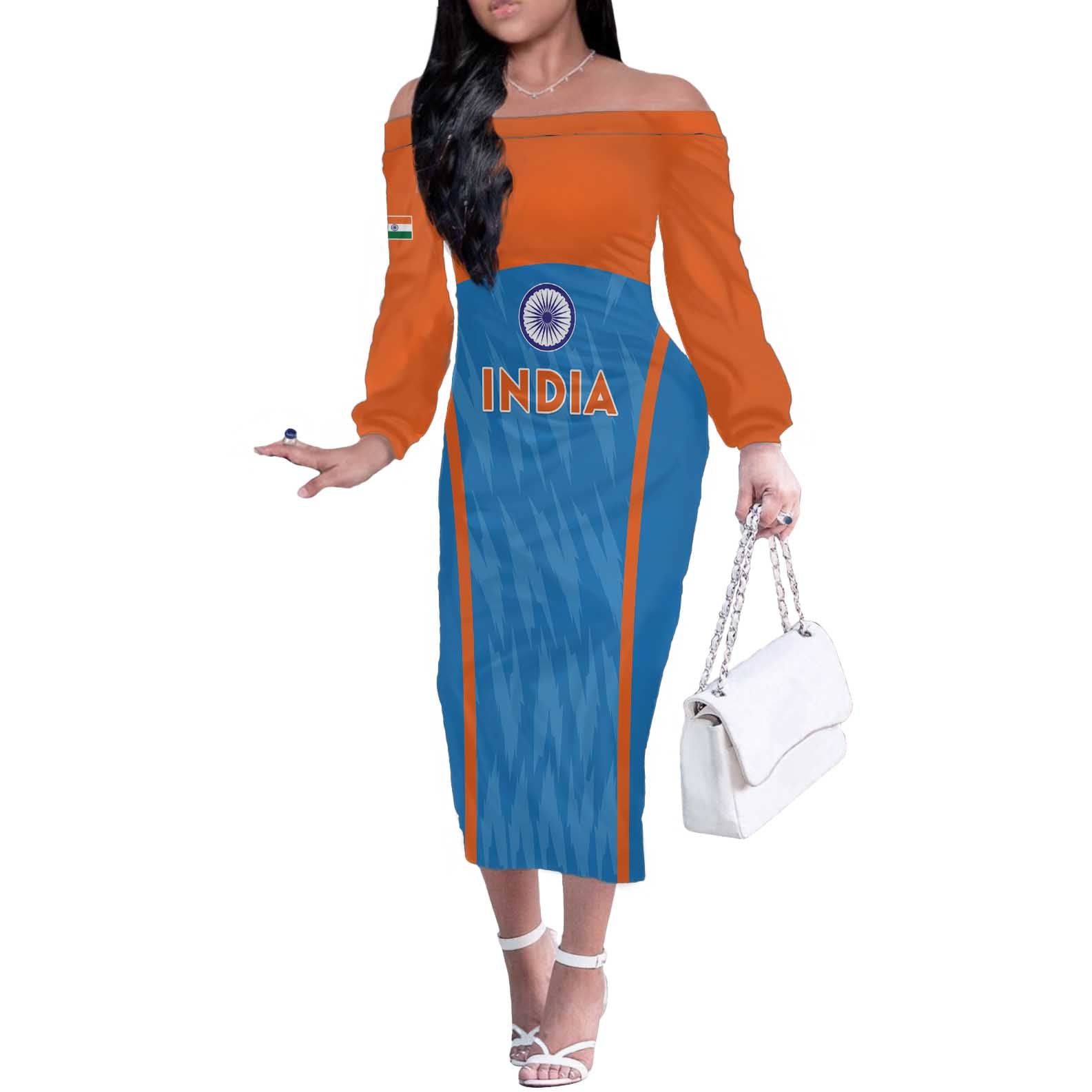 Custom India Cricket Off The Shoulder Long Sleeve Dress Go Men in Blue - Wonder Print Shop