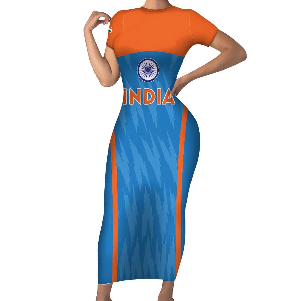 Custom India Cricket Short Sleeve Bodycon Dress Go Men in Blue