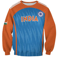 Unisex cricket sweatshirt, orange sleeves with blue India graphic and striped arch