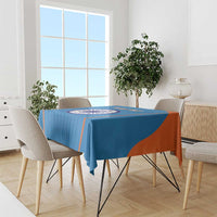 Blue cricket tablecloth with orange corner panels and India emblem centered