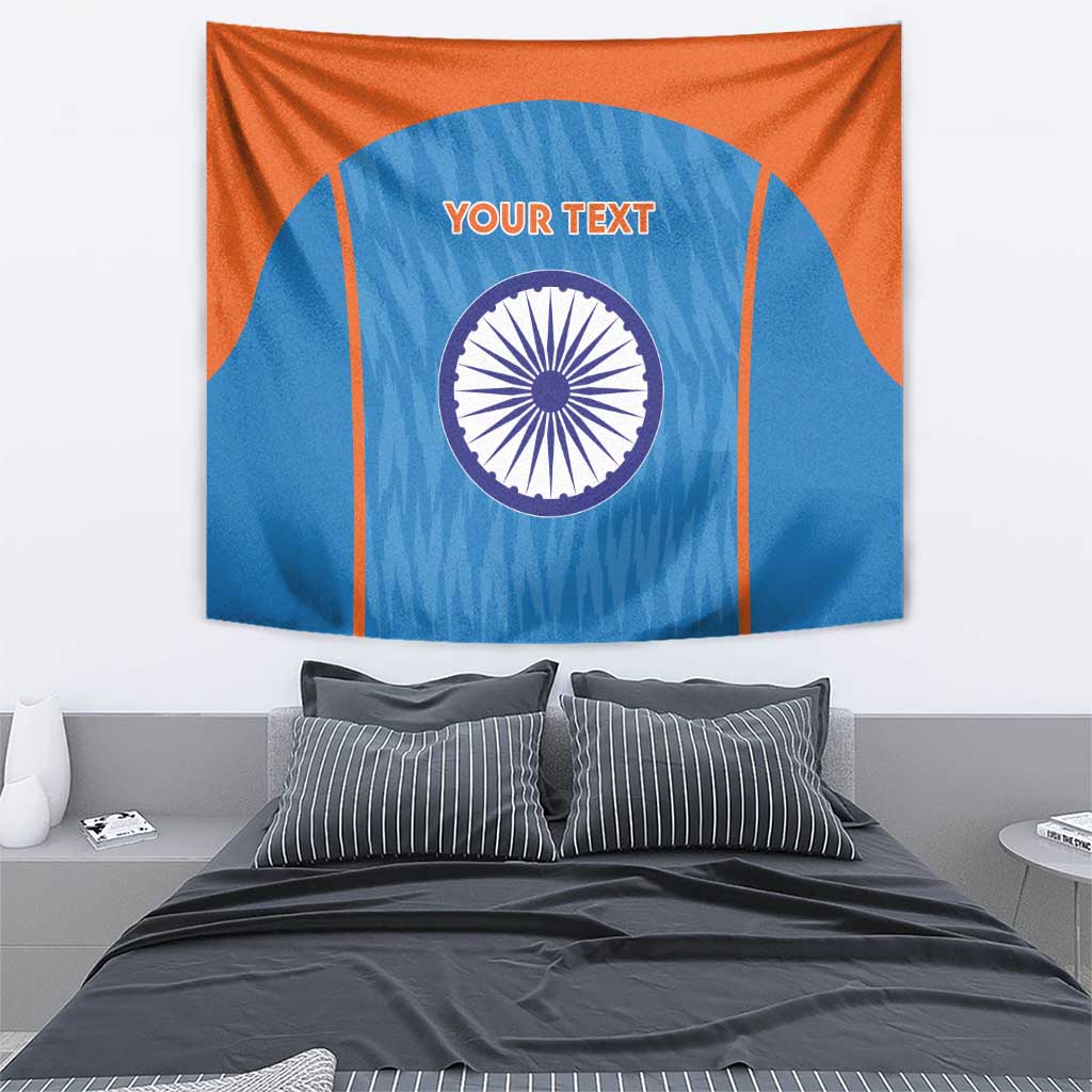 Custom India flag wall tapestry with blue center and orange sides, Ashoka chakra, 'YOUR TEXT'.