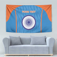 Custom India flag wall tapestry featuring Ashoka chakra on blue center, orange border, 'YOUR TEXT'.