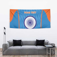 Custom India flag wall tapestry with blue design panels, orange border, Ashoka chakra, 'YOUR TEXT'.