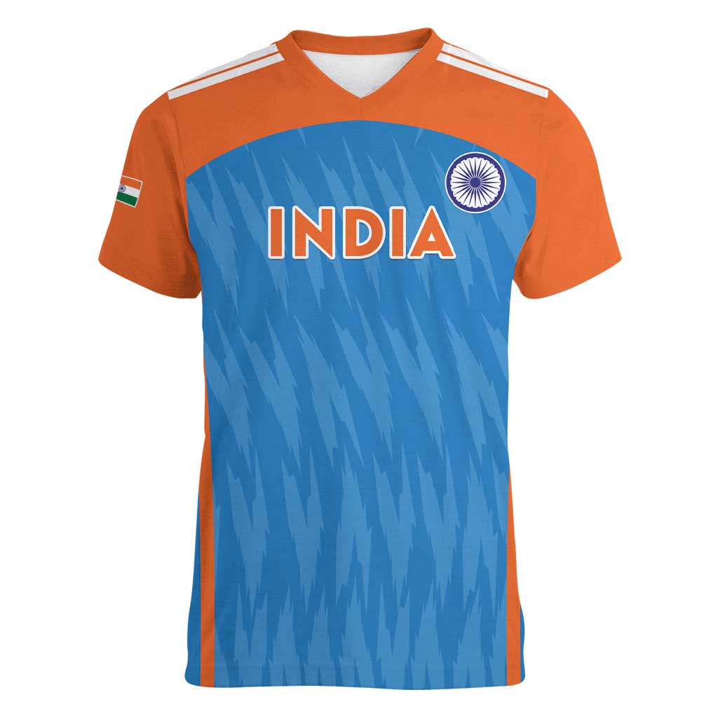 Custom India Cricket Women V-Neck T-Shirt Go Men in Blue