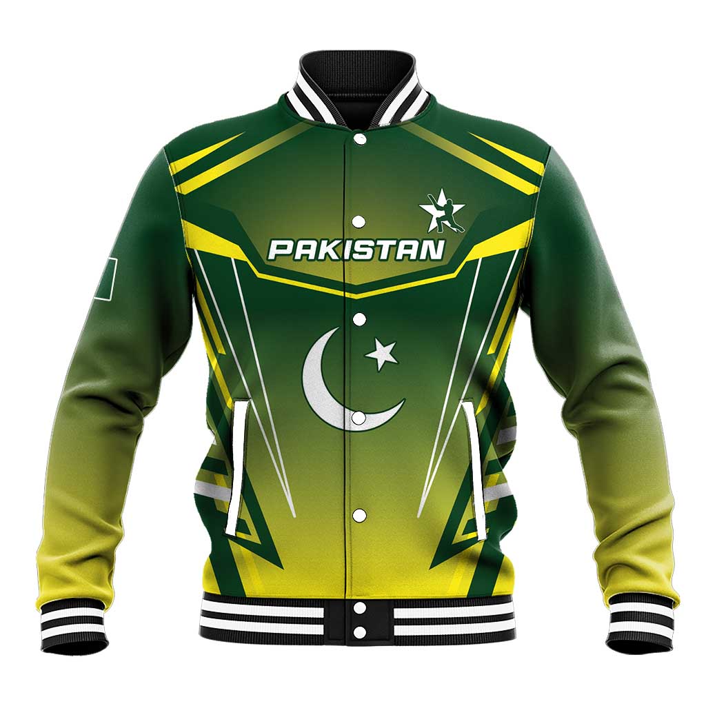 Green Pakistan cricket baseball jacket, button-front with striped collar and yellow graphics