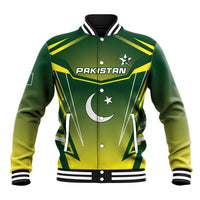 Green Pakistan cricket baseball jacket, button-front with striped collar and yellow graphics