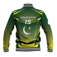 Green custom baseball jacket back with 'YOUR TEXT' and 15, striped ribbed cuffs