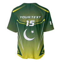 Green cricket baseball jersey back with YOUR TEXT 15, star and crescent, white geometric lines