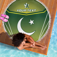 Green round beach blanket, fringe edge, custom text banner and star symbols