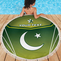 Green round beach blanket with fringe edge, crescent and star print, custom text
