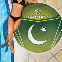 Green round beach blanket with fringe edge and custom text, crescent moon graphic