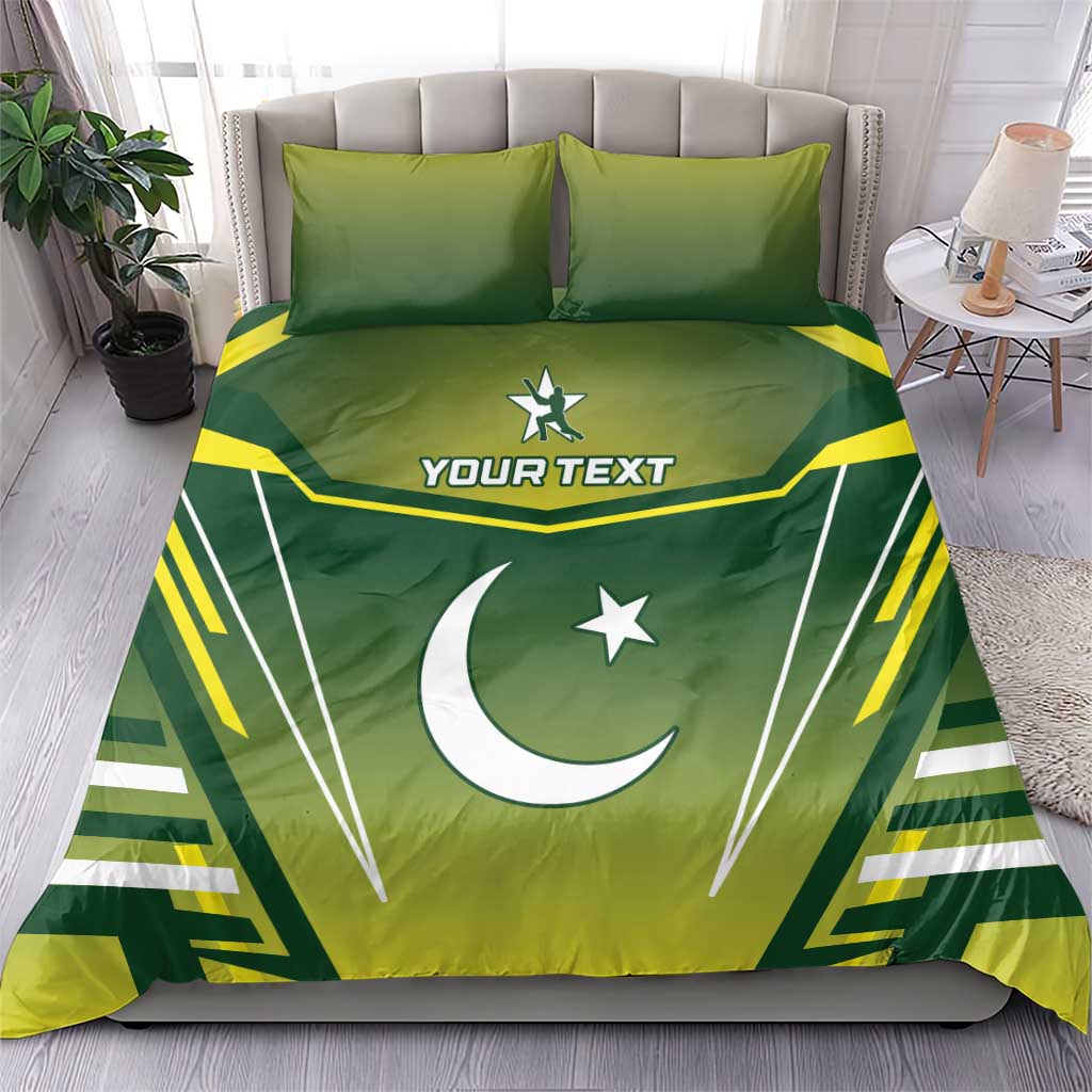 Green duvet and pillowcases with crescent moon and star, lightning stripe graphics and “YOUR TEXT”