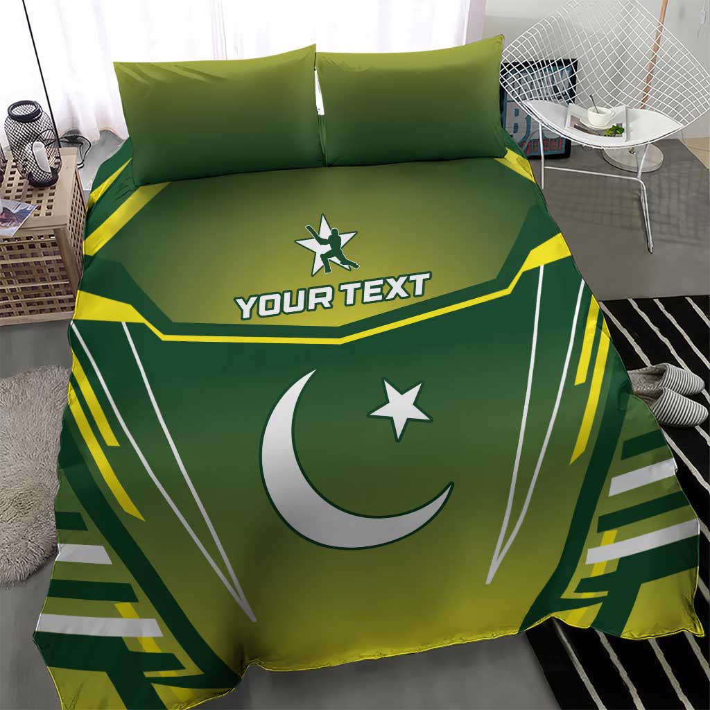 Green bedding set with duvet and pillowcases featuring crescent moon, star, and “YOUR TEXT”