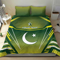 Green duvet with crescent moon and star print, yellow lightning stripes, and “YOUR TEXT”