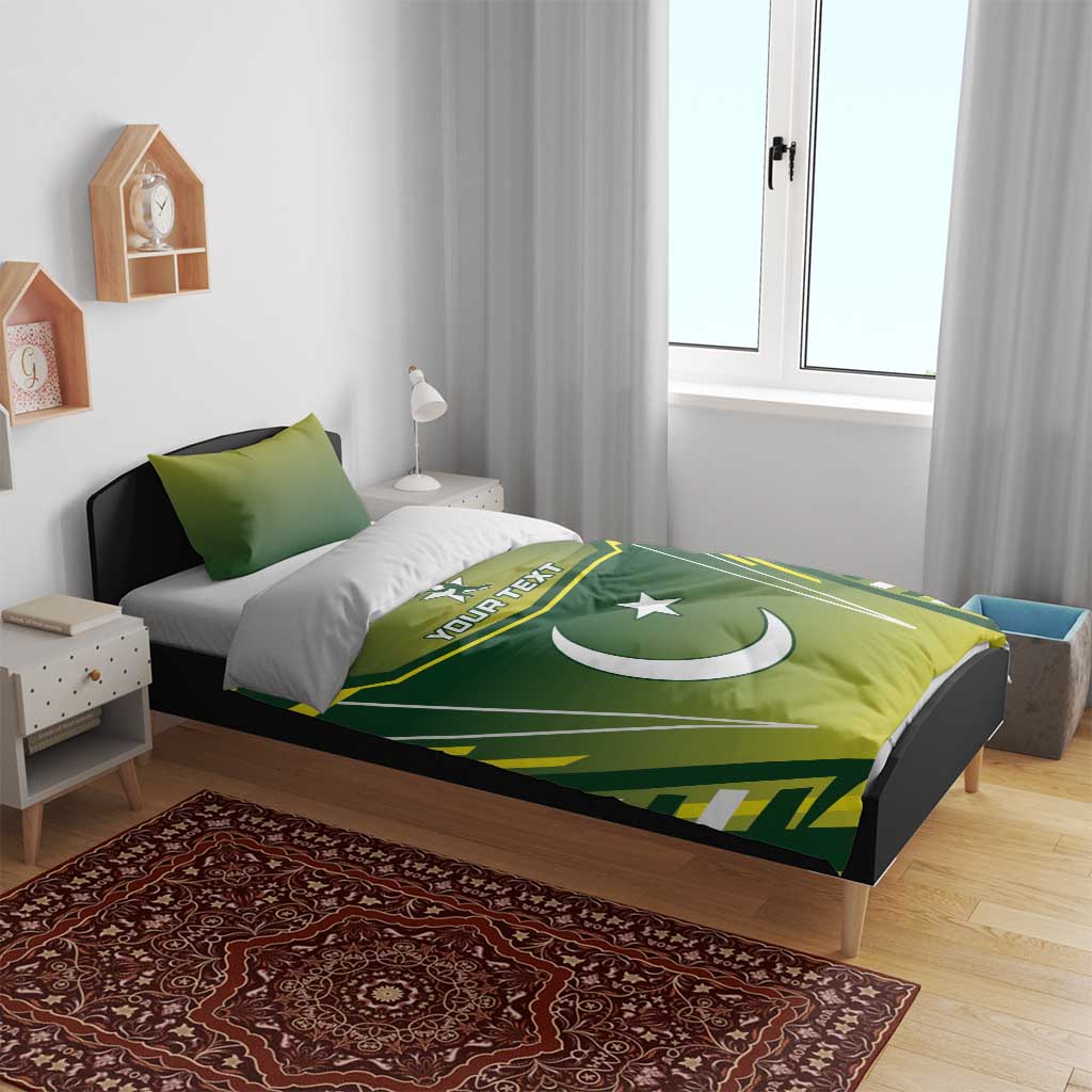 Green cricket bedding set with duvet and pillowcases, crescent moon and star, yellow trim