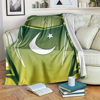 Green Pakistan cricket blanket with white crescent and star, custom text panel.