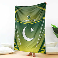 Green Pakistan flag cricket blanket with crescent moon, star, and custom text.