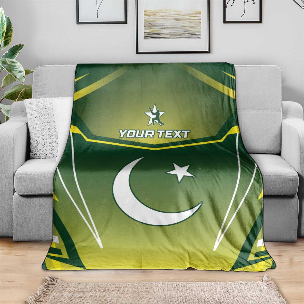 Green Pakistan cricket blanket draped on sofa with crescent moon, stars, custom text.
