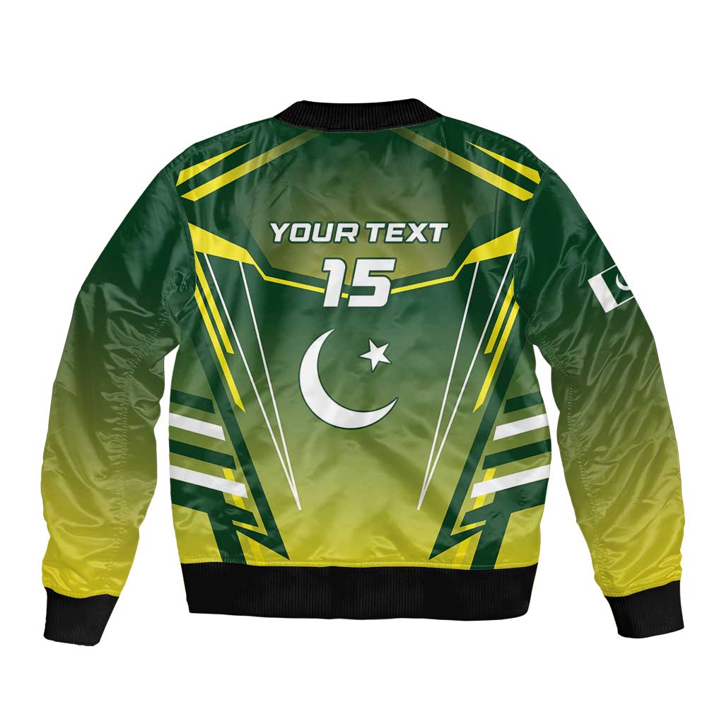 Green bomber jacket with full-zip; back print: YOUR TEXT 15 and Pakistan emblem