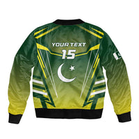Green bomber jacket with full-zip; back print: YOUR TEXT 15 and Pakistan emblem