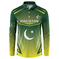 Green Pakistan cricket button sweatshirt, gold trim, collar buttons, crescent and star