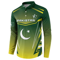 Green Pakistan cricket button sweatshirt front, gold stripes, Pakistan text, crescent and star