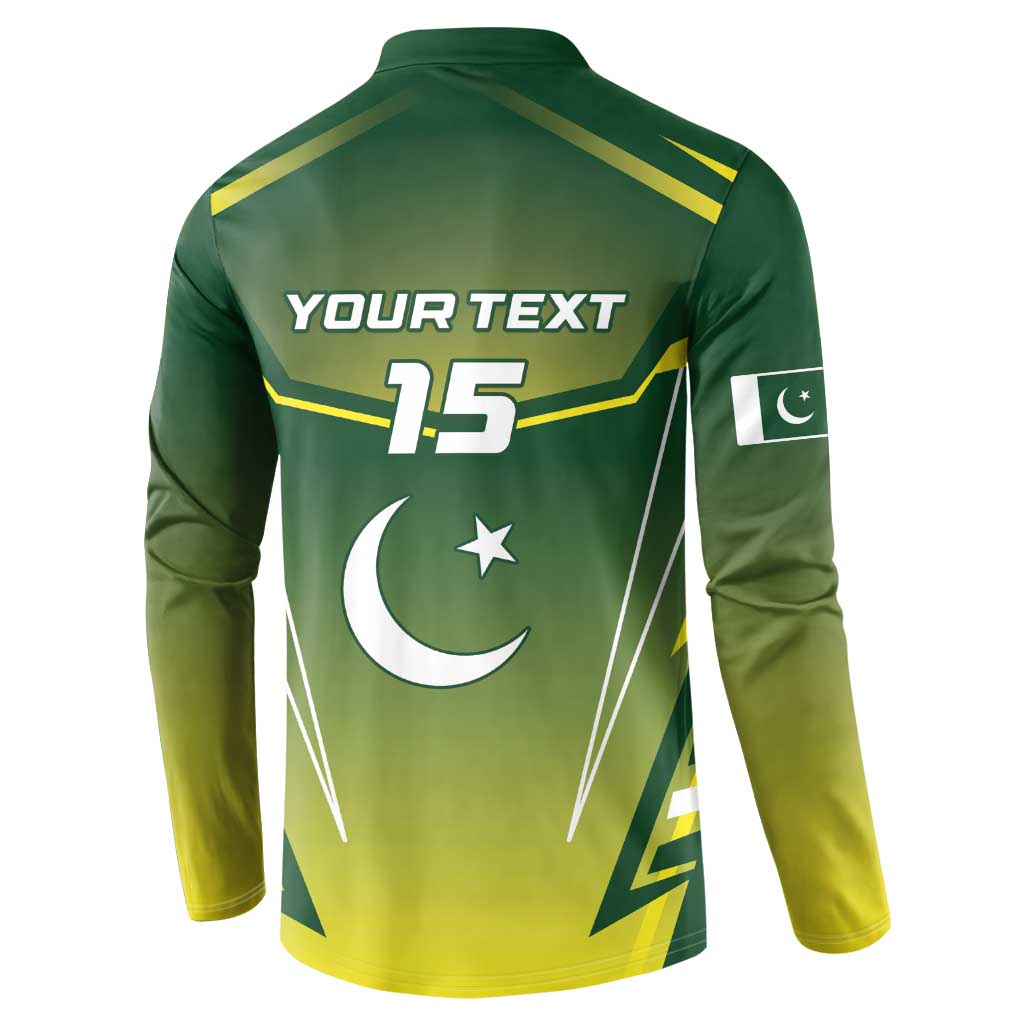 Green Pakistan cricket button sweatshirt back with YOUR TEXT 15, crescent and star