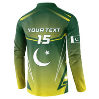 Green Pakistan cricket button sweatshirt back with YOUR TEXT 15, crescent and star