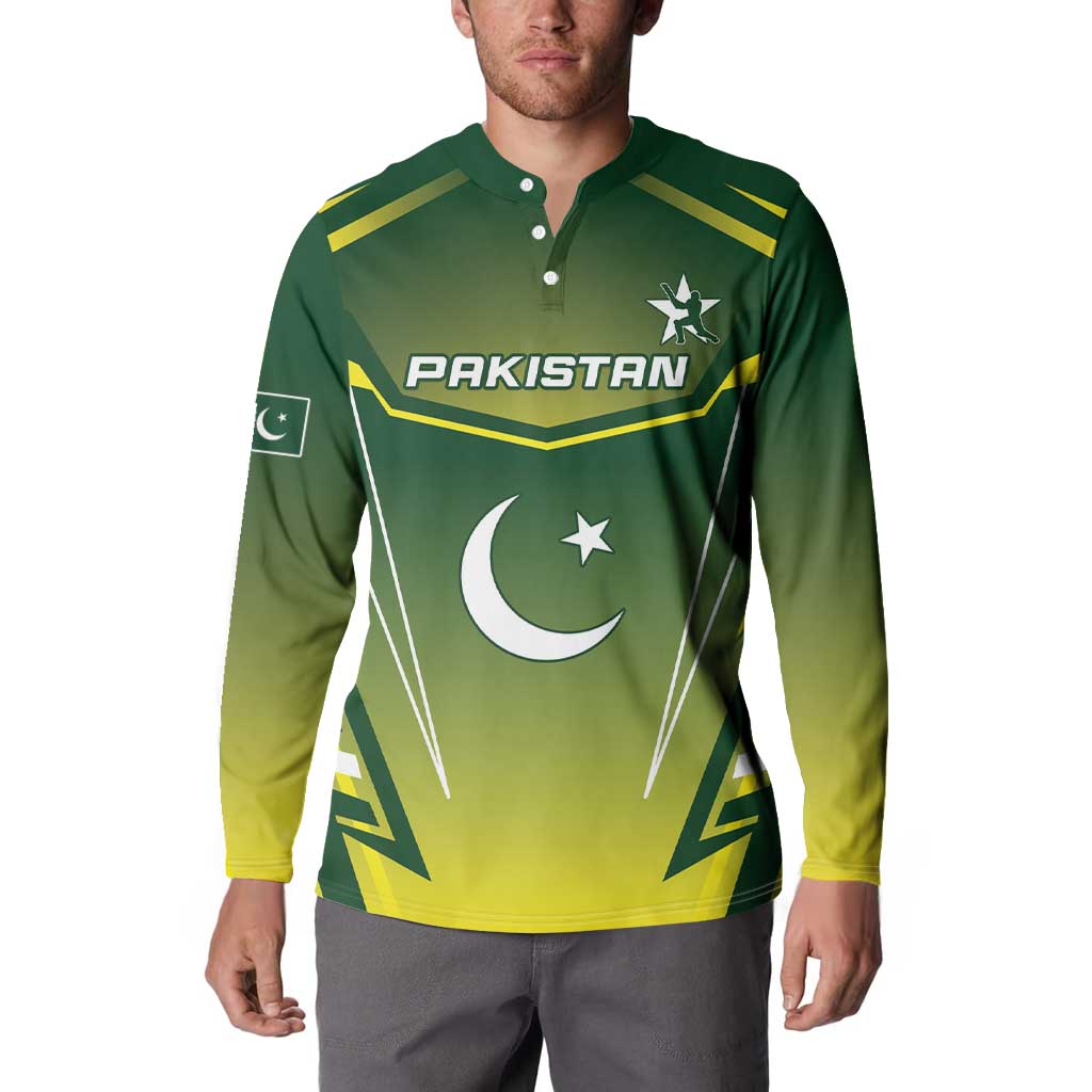 Green Pakistan cricket button sweatshirt on model, front graphic with Pakistan text and crescent