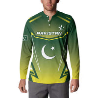 Green Pakistan cricket button sweatshirt on model, front graphic with Pakistan text and crescent