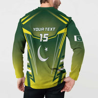 Green Pakistan cricket button sweatshirt back on model, YOUR TEXT 15, crescent and star